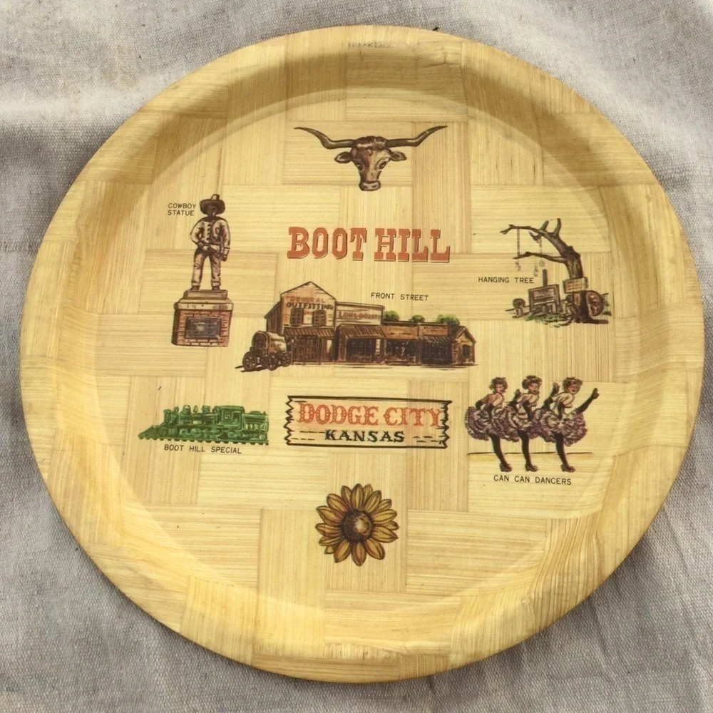 Vintage 13” Dodge city Kansas bamboo plate Boot Hill Midwest Route 66 boho MCM